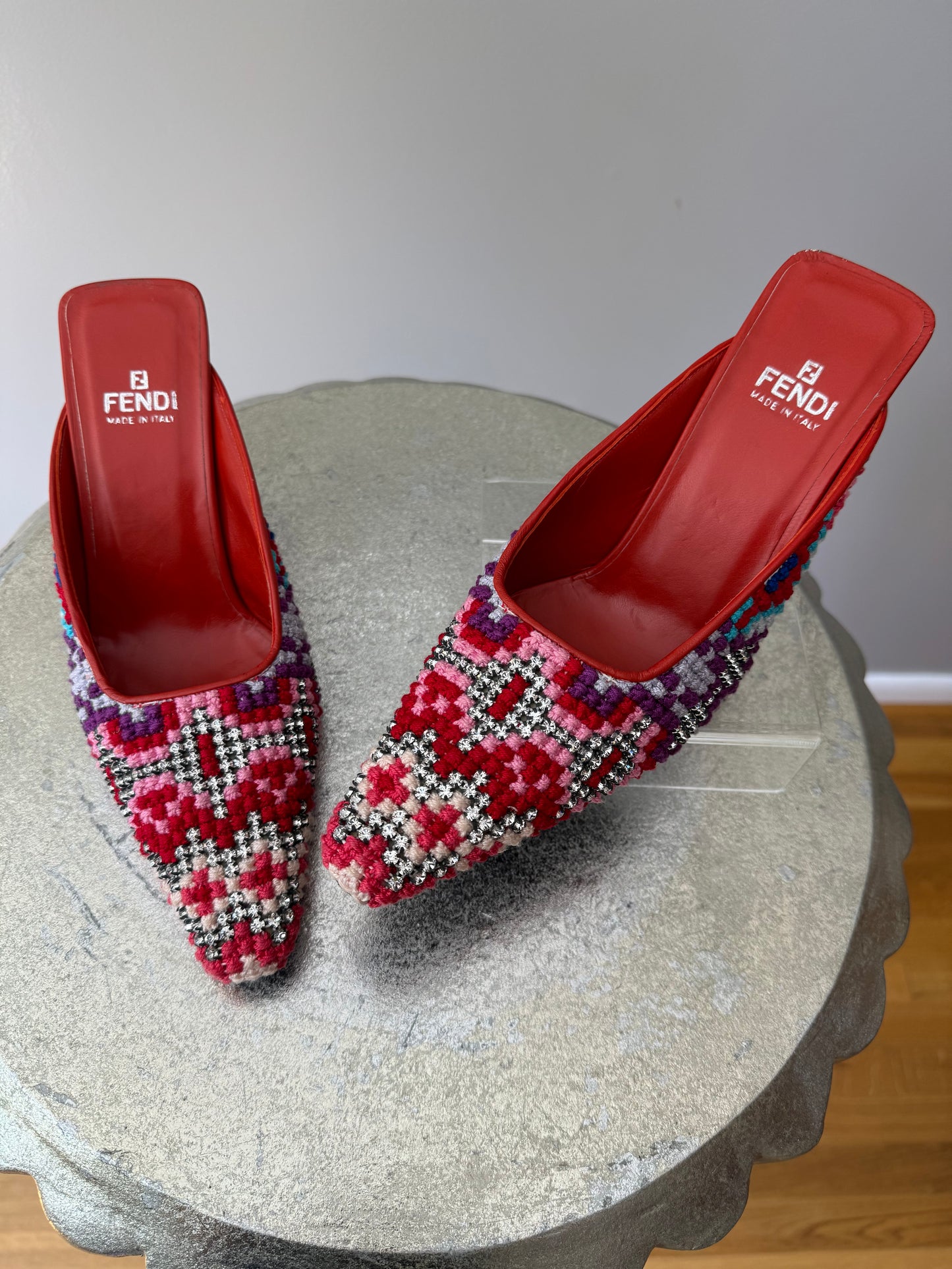 FENDI - Red Embroidered Leather Mules With Rhinestones