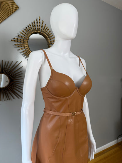 Honey Birdette - Tan Leatherette Midi Dress
