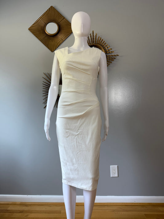 Off White Asymmetrical Shoulder Midi Dress