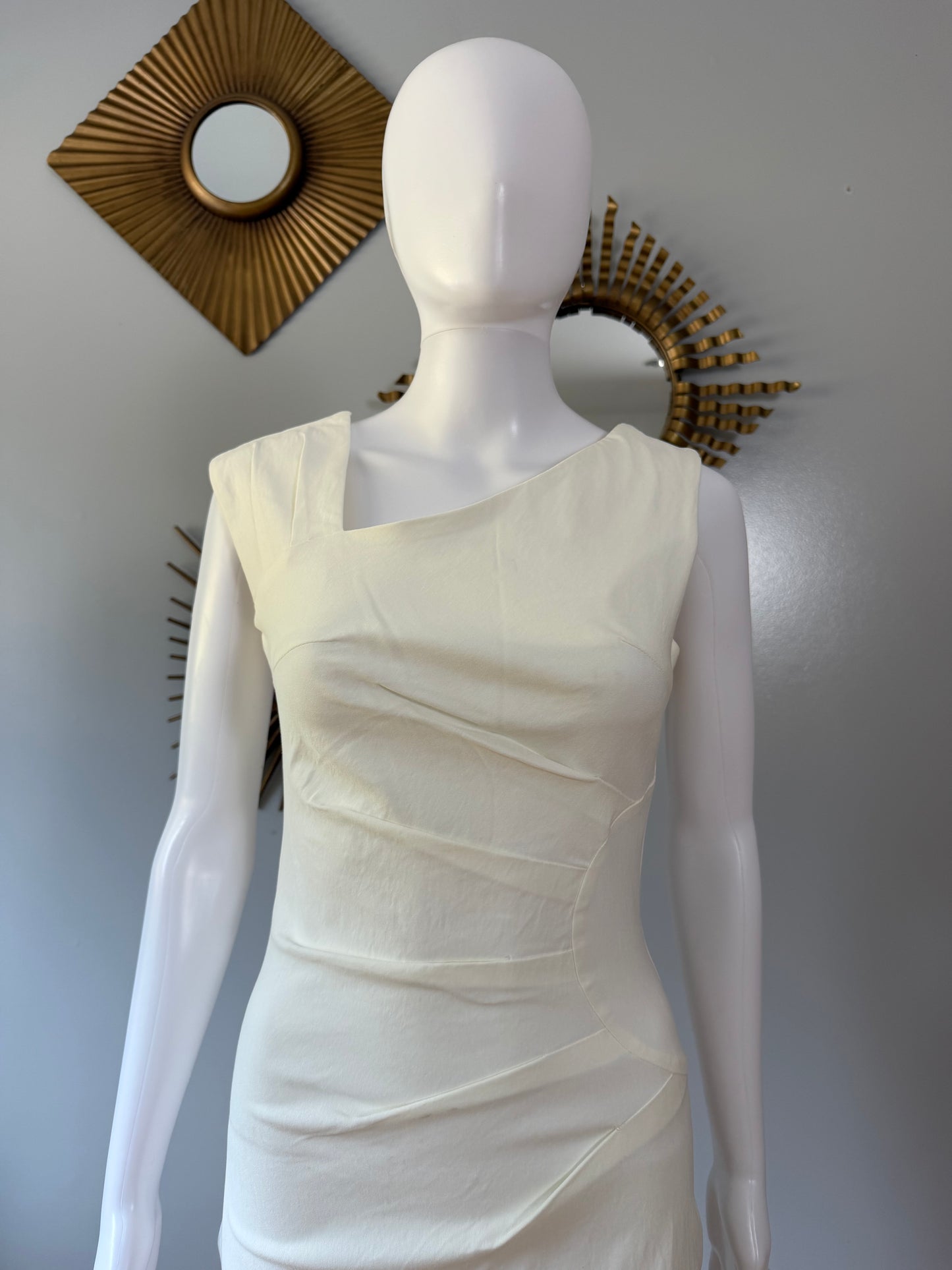 Off White Asymmetrical Shoulder Midi Dress