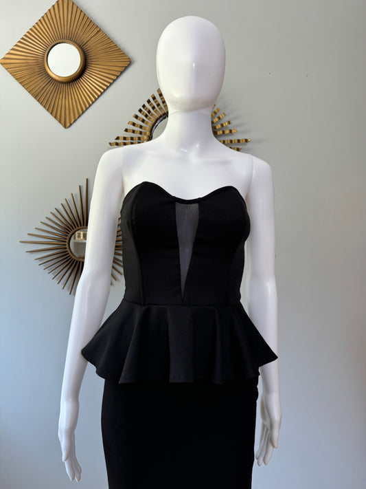 Black Peplum Strapless Top w/ Mesh Insert