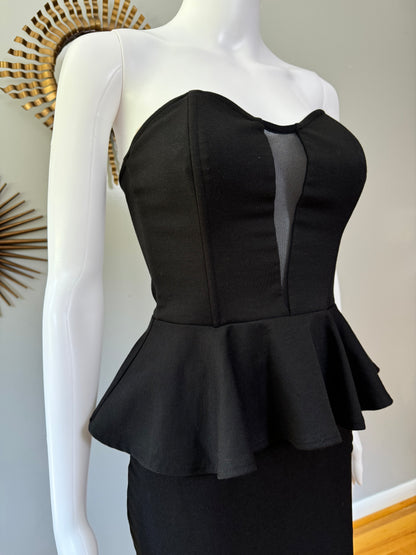 Black Peplum Strapless Top w/ Mesh Insert