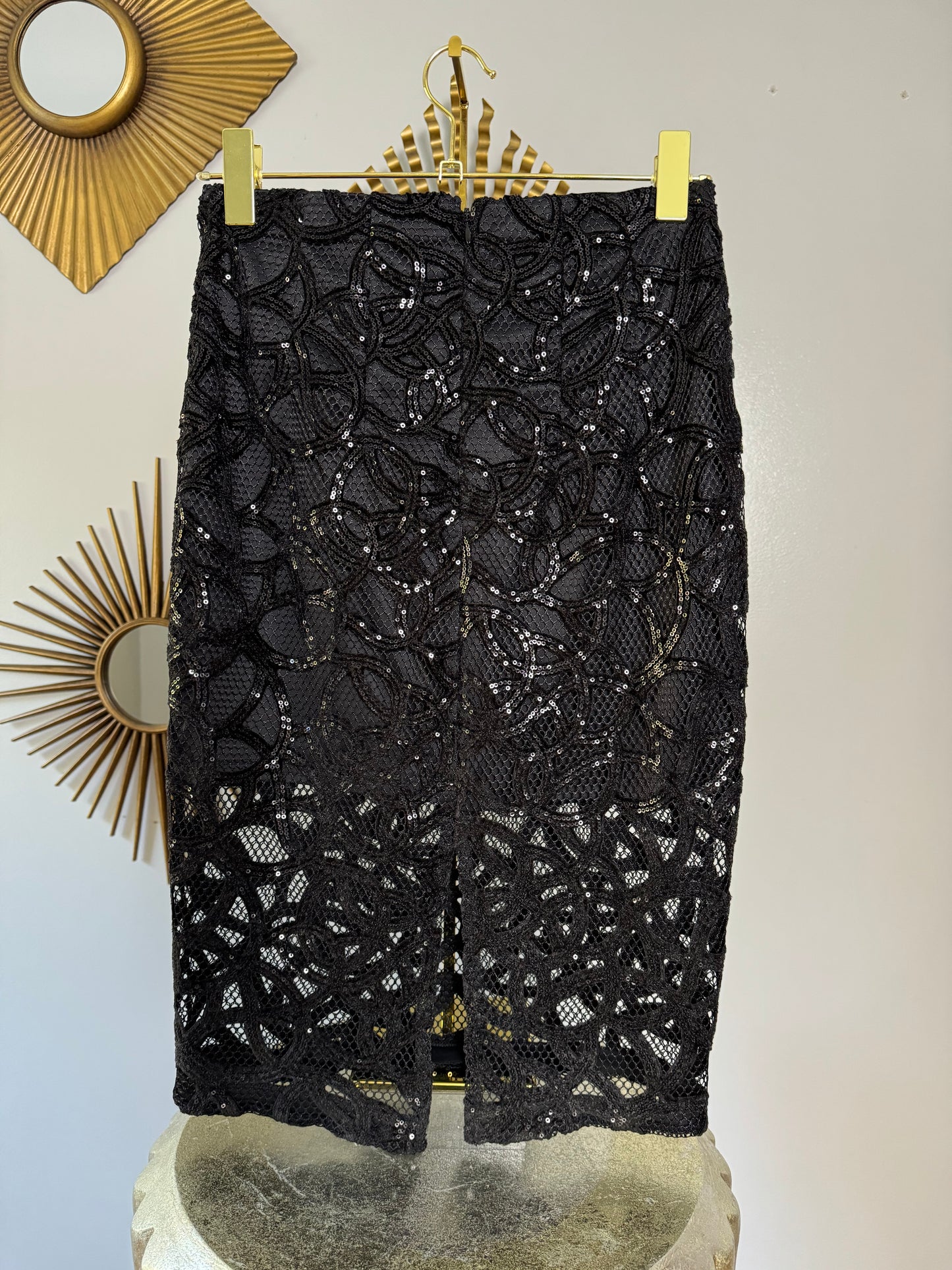 Express - Black Sequin Swirl Midi Skirt