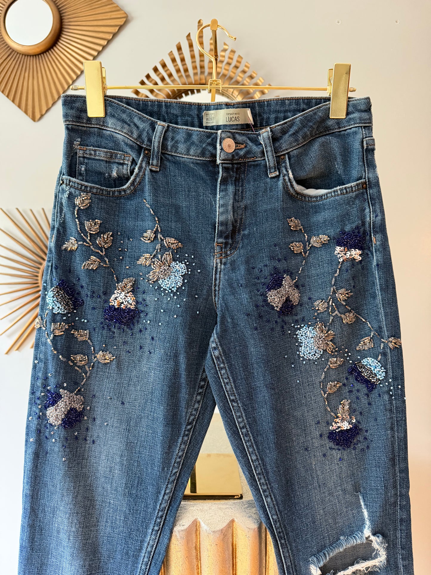 Topshop - Blue Beaded Lucas Moto Jeans