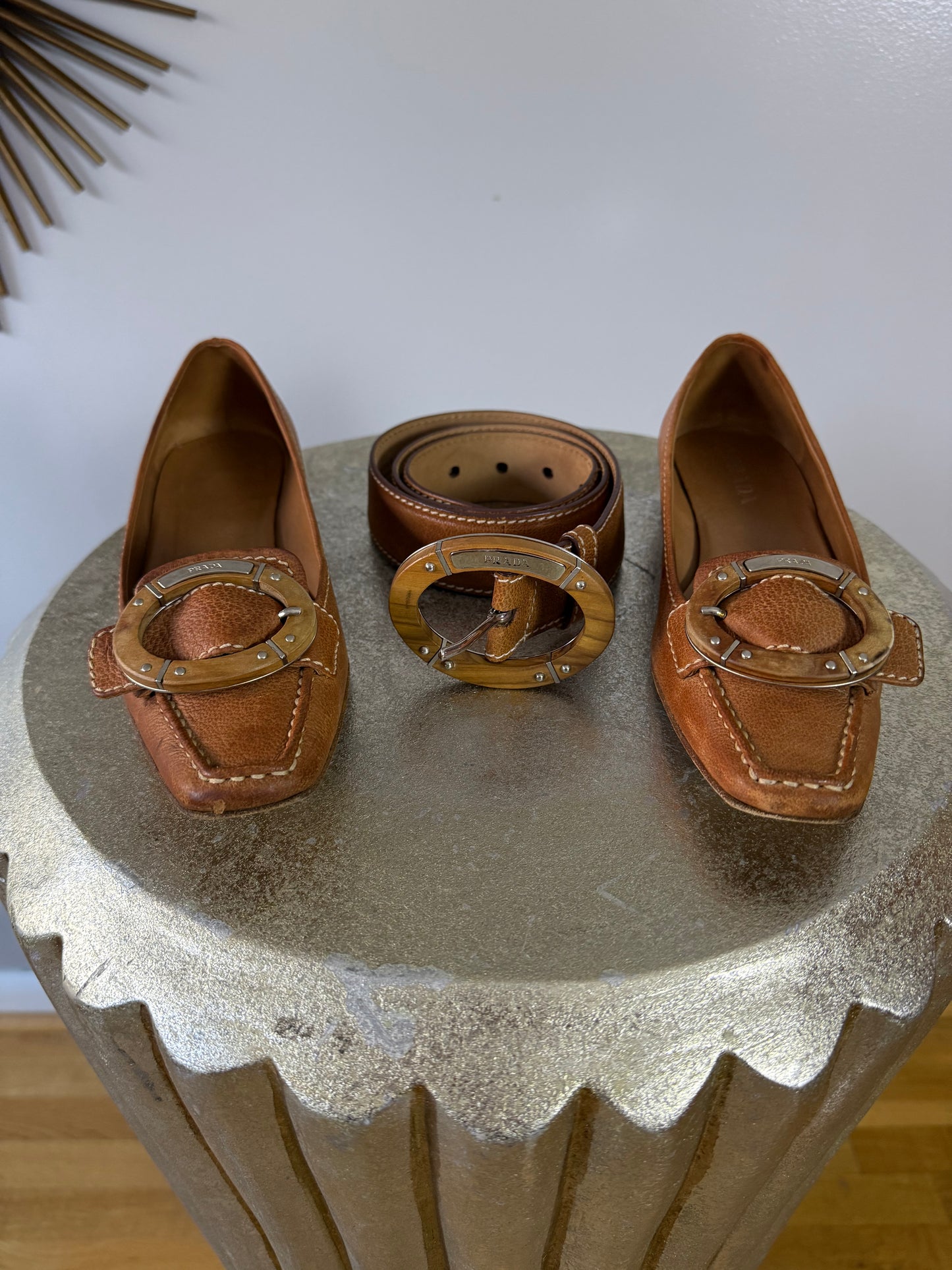 Prada - Vintage Tan Leather Belt w/ Wooden Buckle