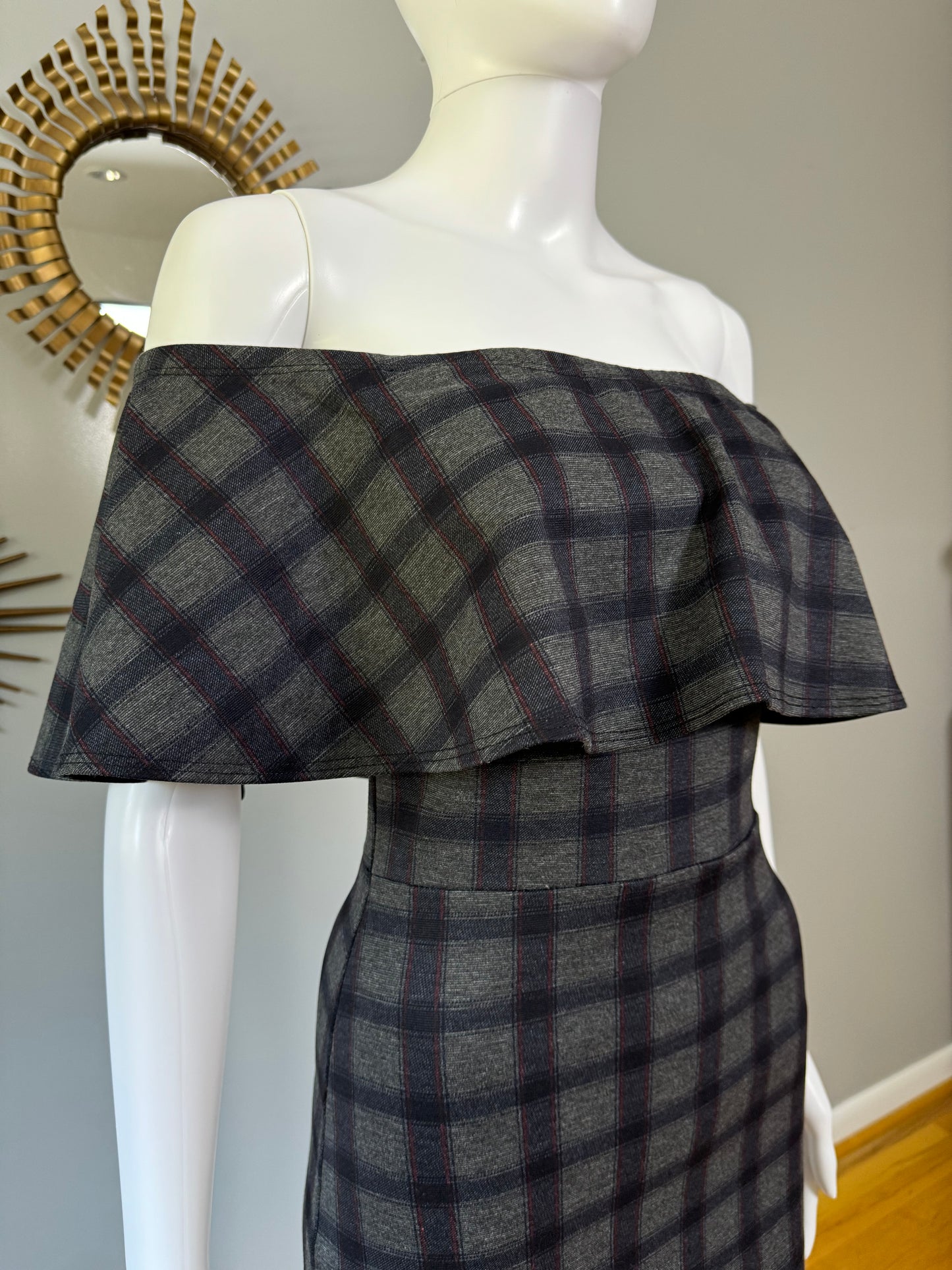 Lulu’s - Gray Plaid Off-Shoulder Dress