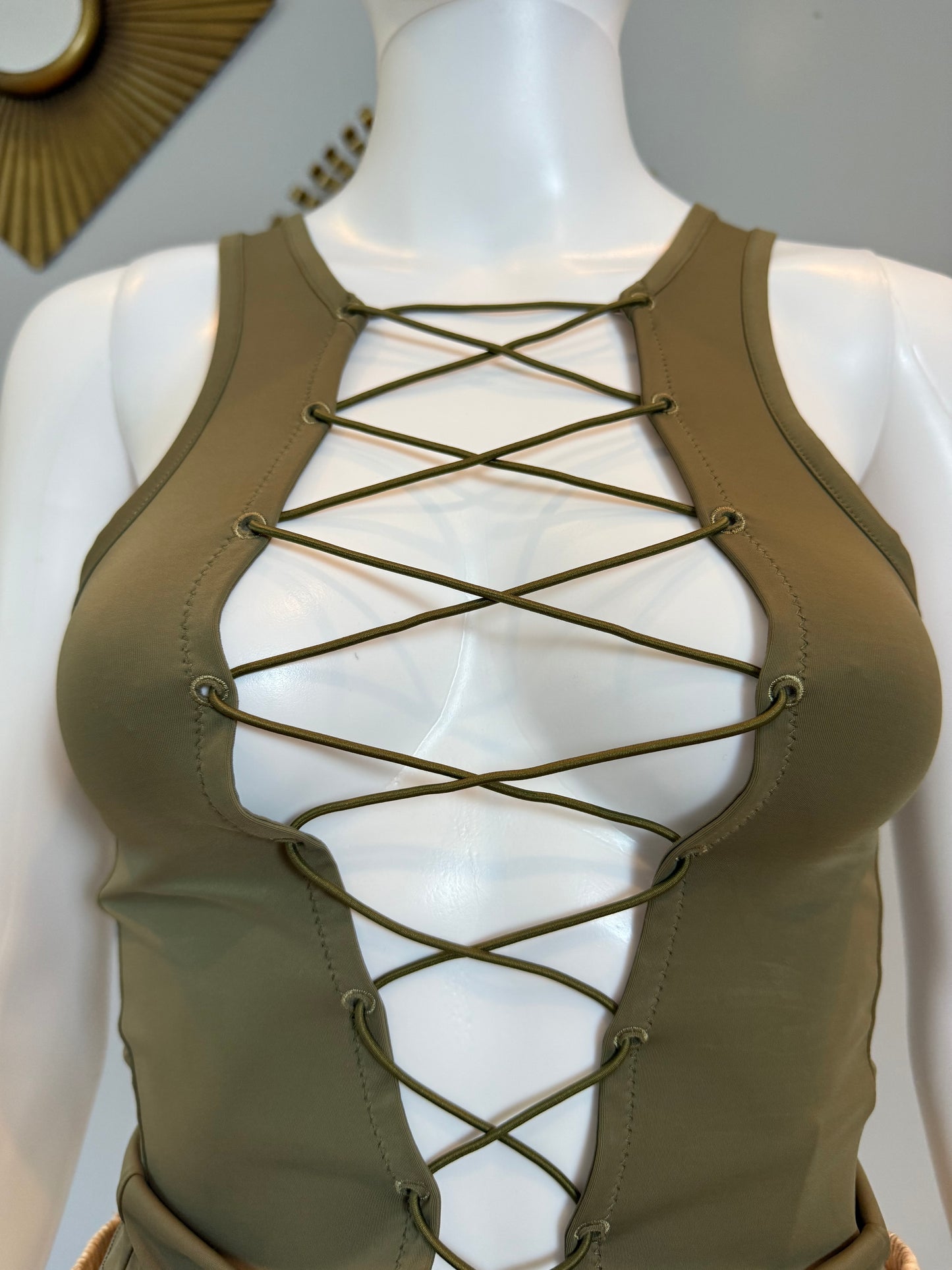 Miaou - Green Moss Lace Up Tank Top