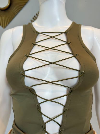 Miaou - Green Moss Lace Up Tank Top