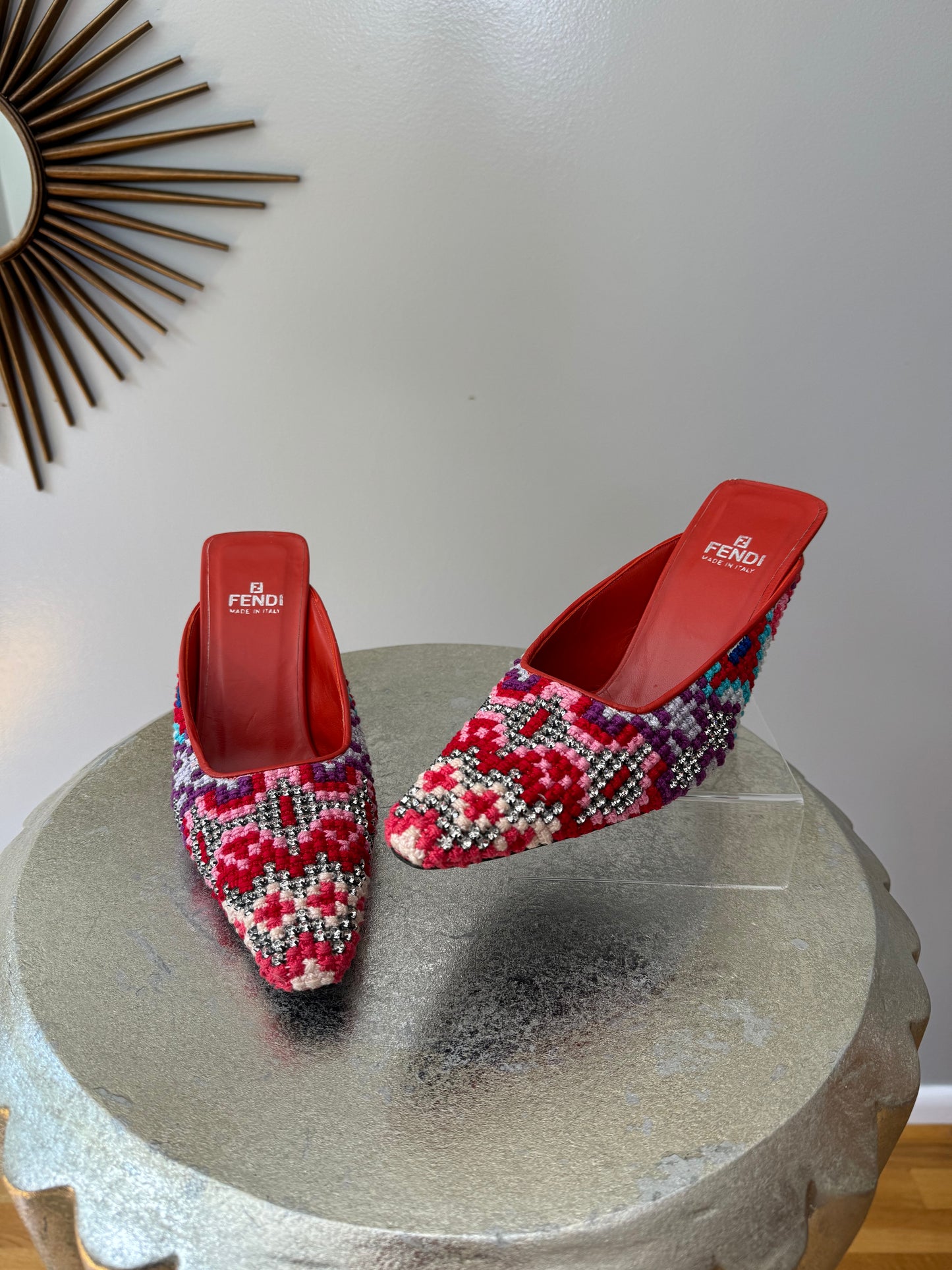 FENDI - Red Embroidered Leather Mules With Rhinestones