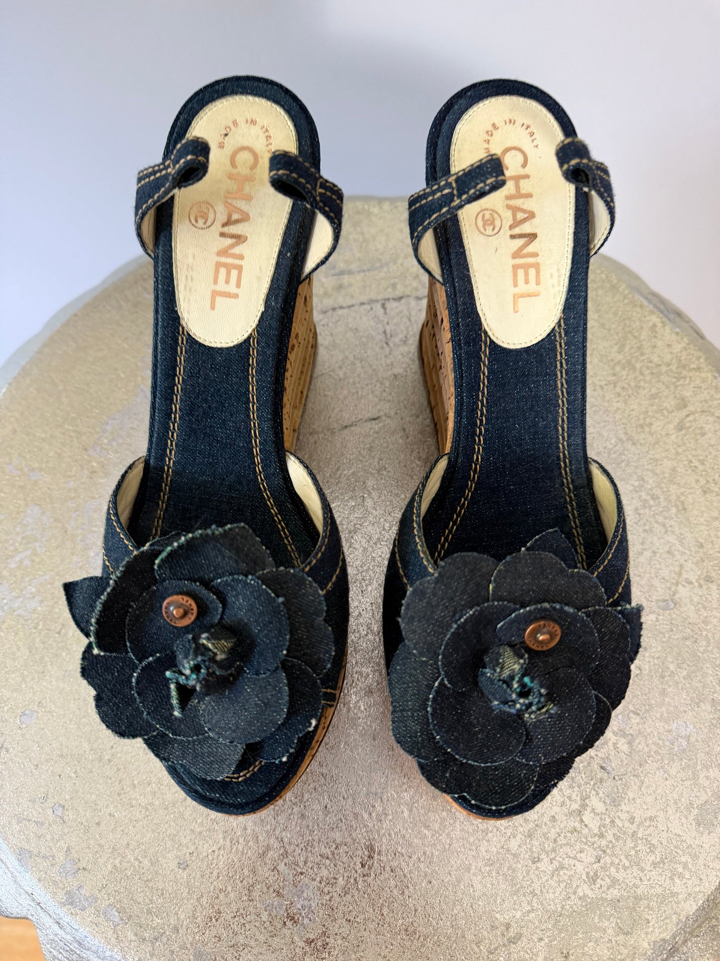 CHANEL - Blue Denim Camellia Cork Platform Slingback Wedges