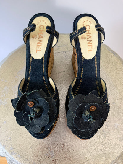 CHANEL - Blue Denim Camellia Cork Platform Slingback Wedges