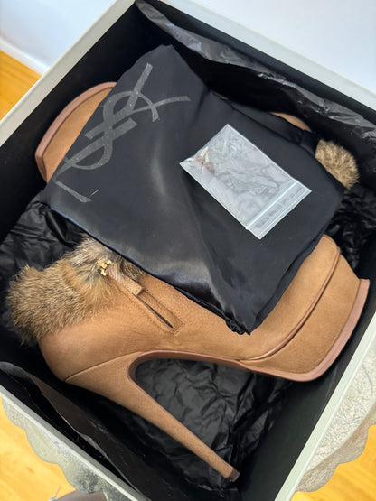 YSL - Tan Tribute Suede Booties With Fur Cuff