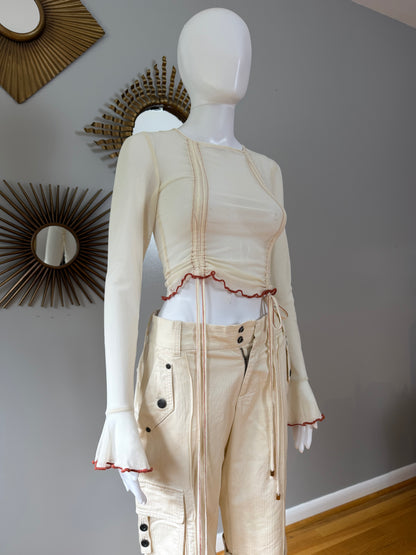 ZYA - Cream Mesh Long Ruffle Sleeve Blouse