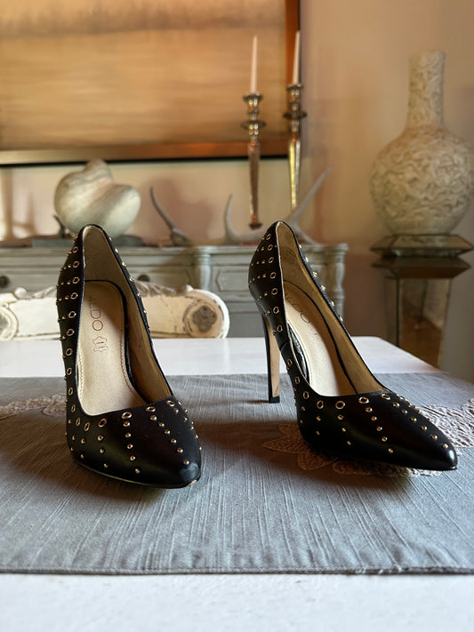 ALDO - Black Leather Stiletto Pumps w/ Gold Studs