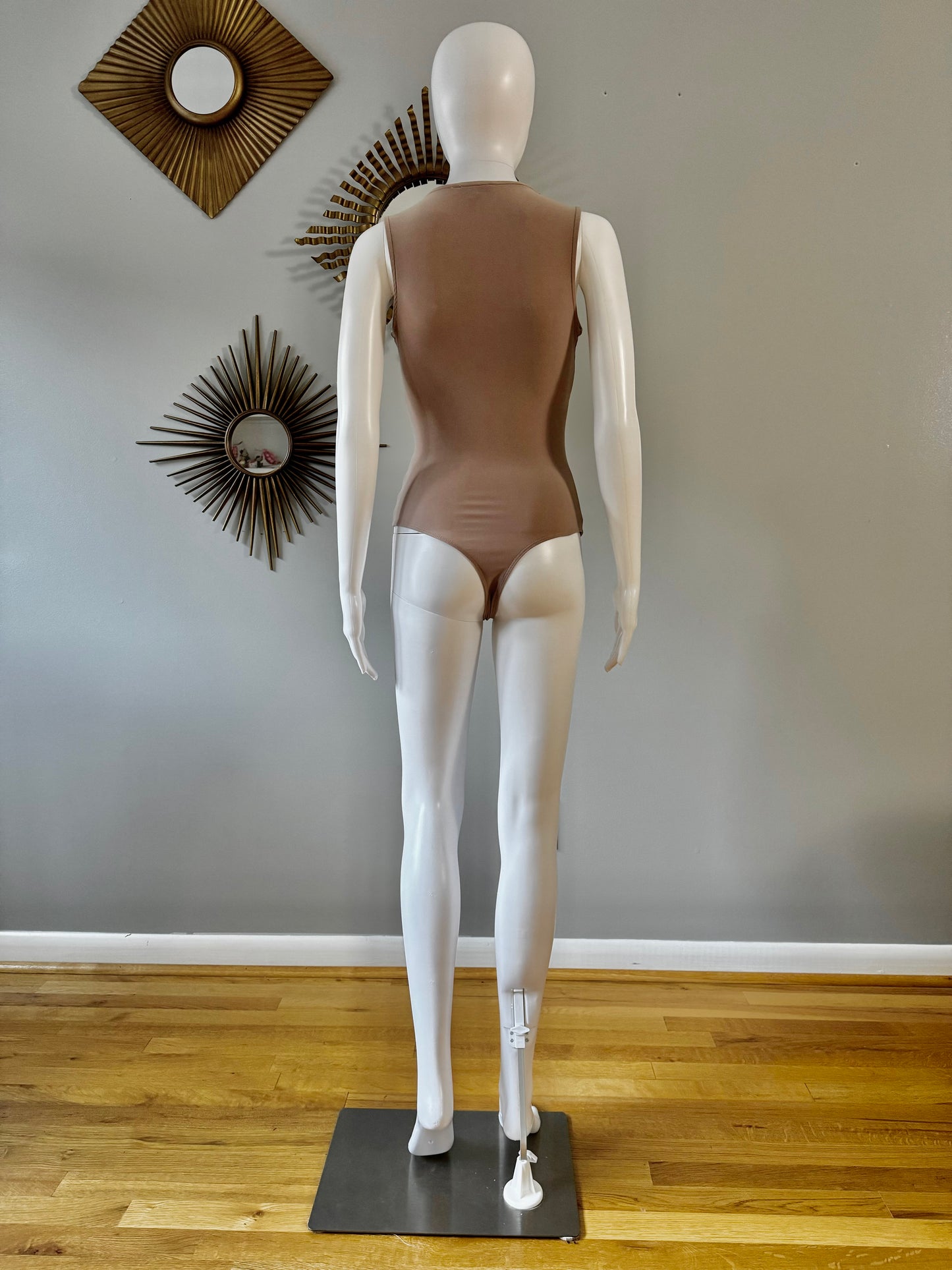 Tan Deep V Bodysuit w/ Front Knot Detail