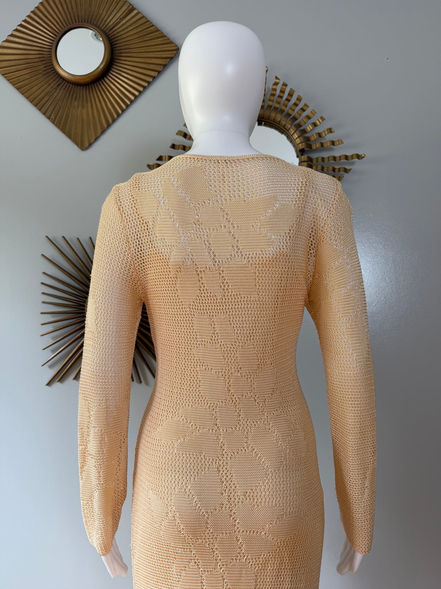 Free People Beige Crochet Maxi Dress – Boho Sexy Long Sleeve Slit Dress
