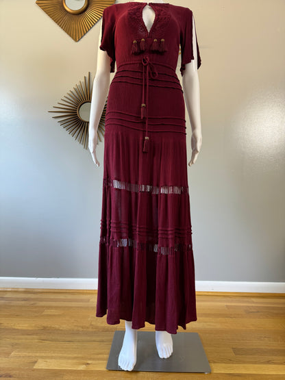 Lulu’s - Burgundy Santa Fe Sway Crochet Maxi Dress