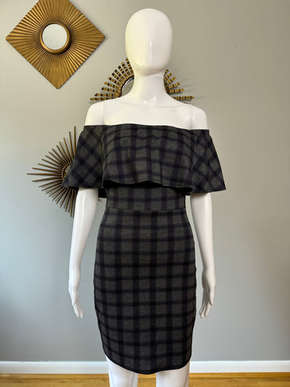 Lulu’s - Gray Plaid Off-Shoulder Dress