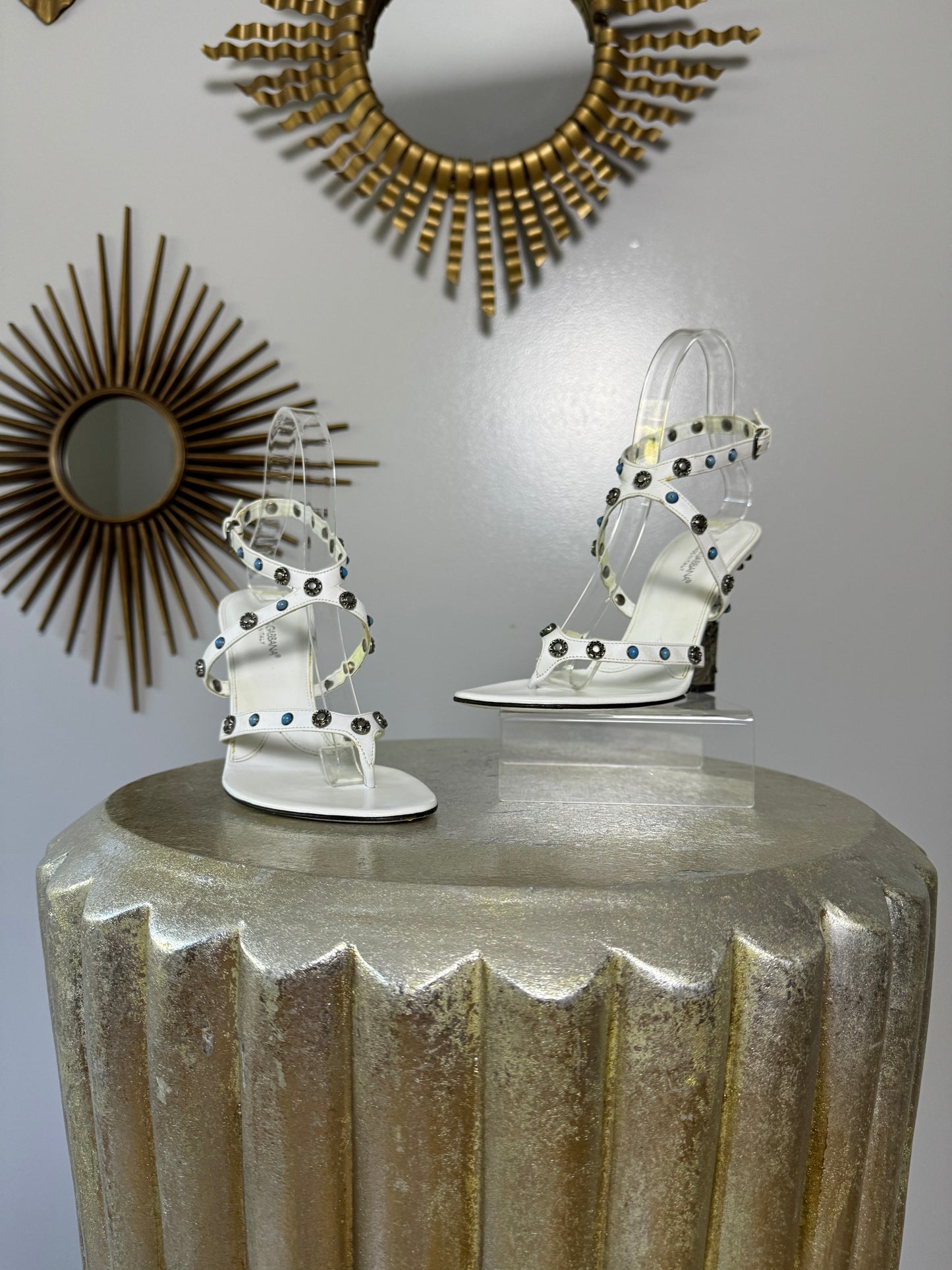 Dolce & Gabbana - White Leather Wedge Sandal With Silver Embellishment