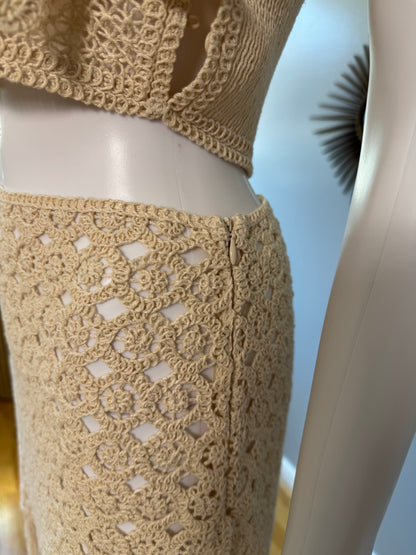 ZARA - Beige Flower Crochet Top & Skirt Set