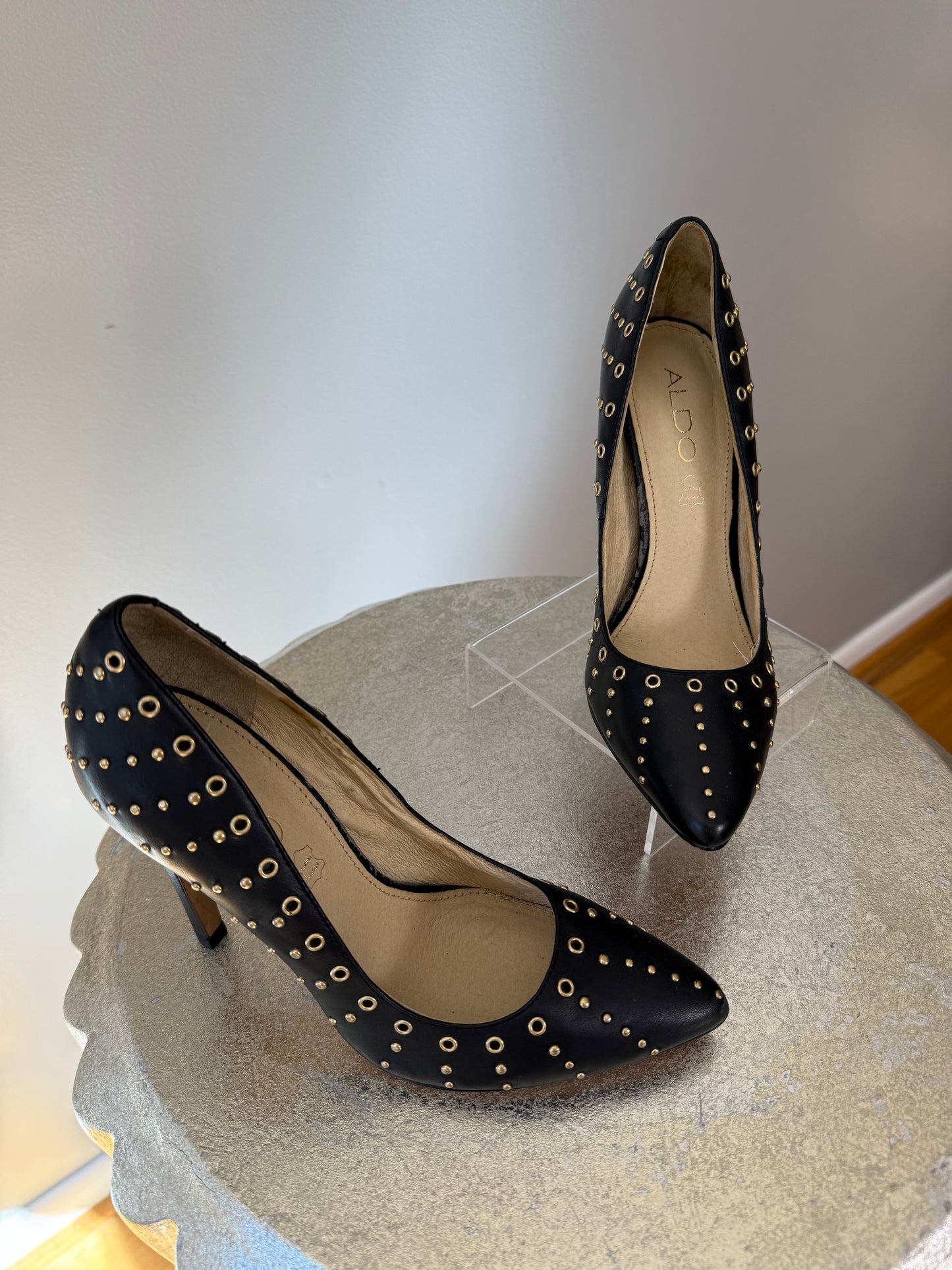 ALDO - Black Leather Pumps w/ Gold Studs