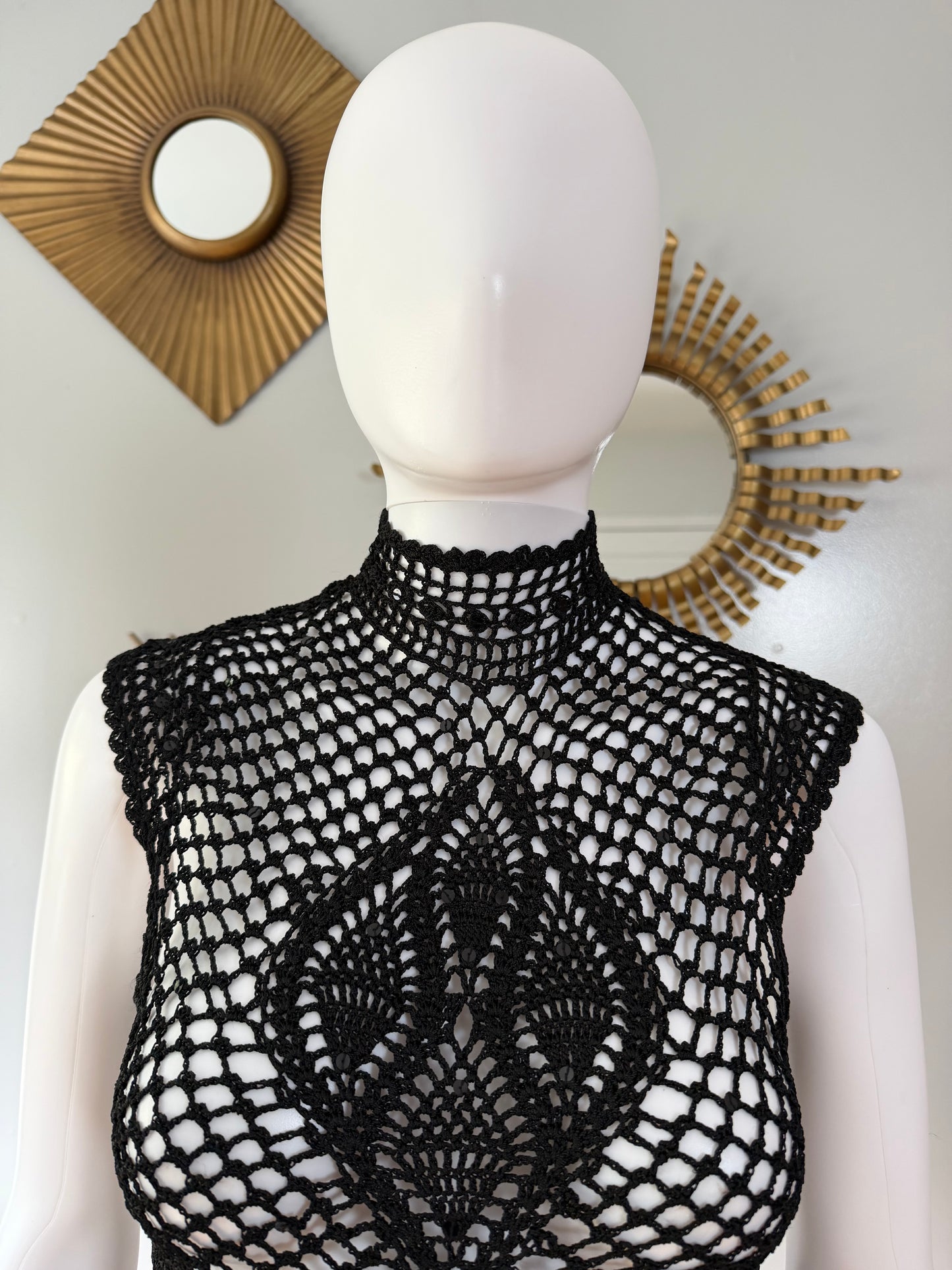The Limited - Black Vintage Crochet Mock Neck Top