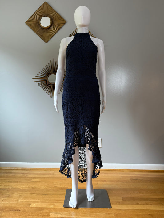 Missguided - Blue Lace High Neck Fishtail Dress