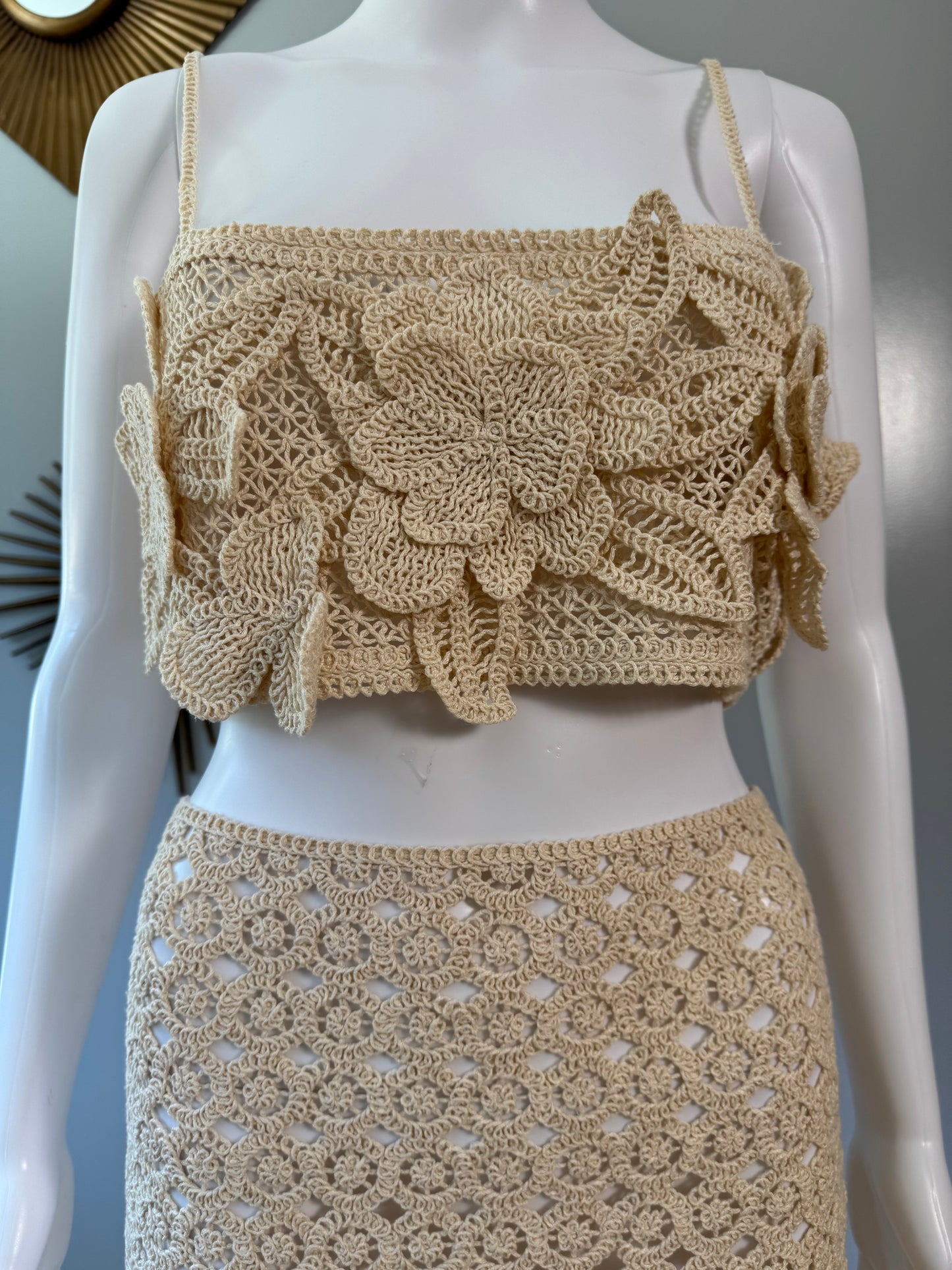 ZARA - Beige Flower Crochet Top & Skirt Set