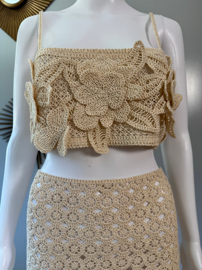 ZARA - Beige Flower Crochet Top & Skirt Set