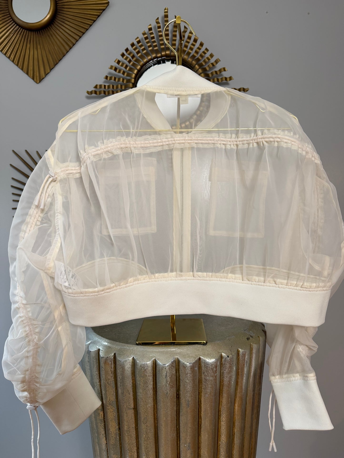 SNIDEL - Beige Sheer Cropped Bomber Jacket