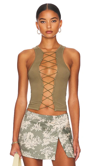 Miaou - Green Moss Lace Up Tank Top