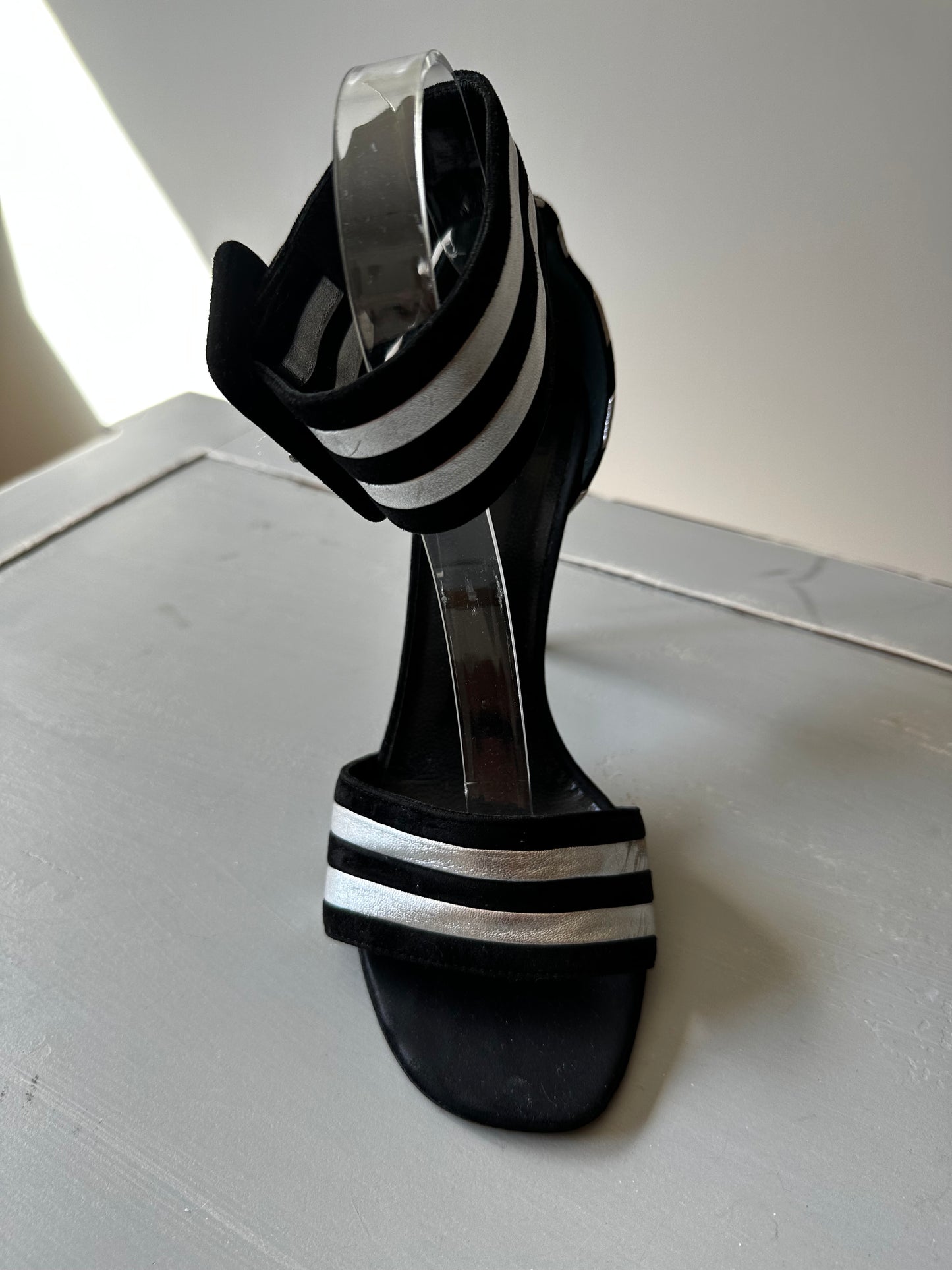 Saint Laurent - Paloma Black & Silver Leather Striped Ankle Strap Sandals