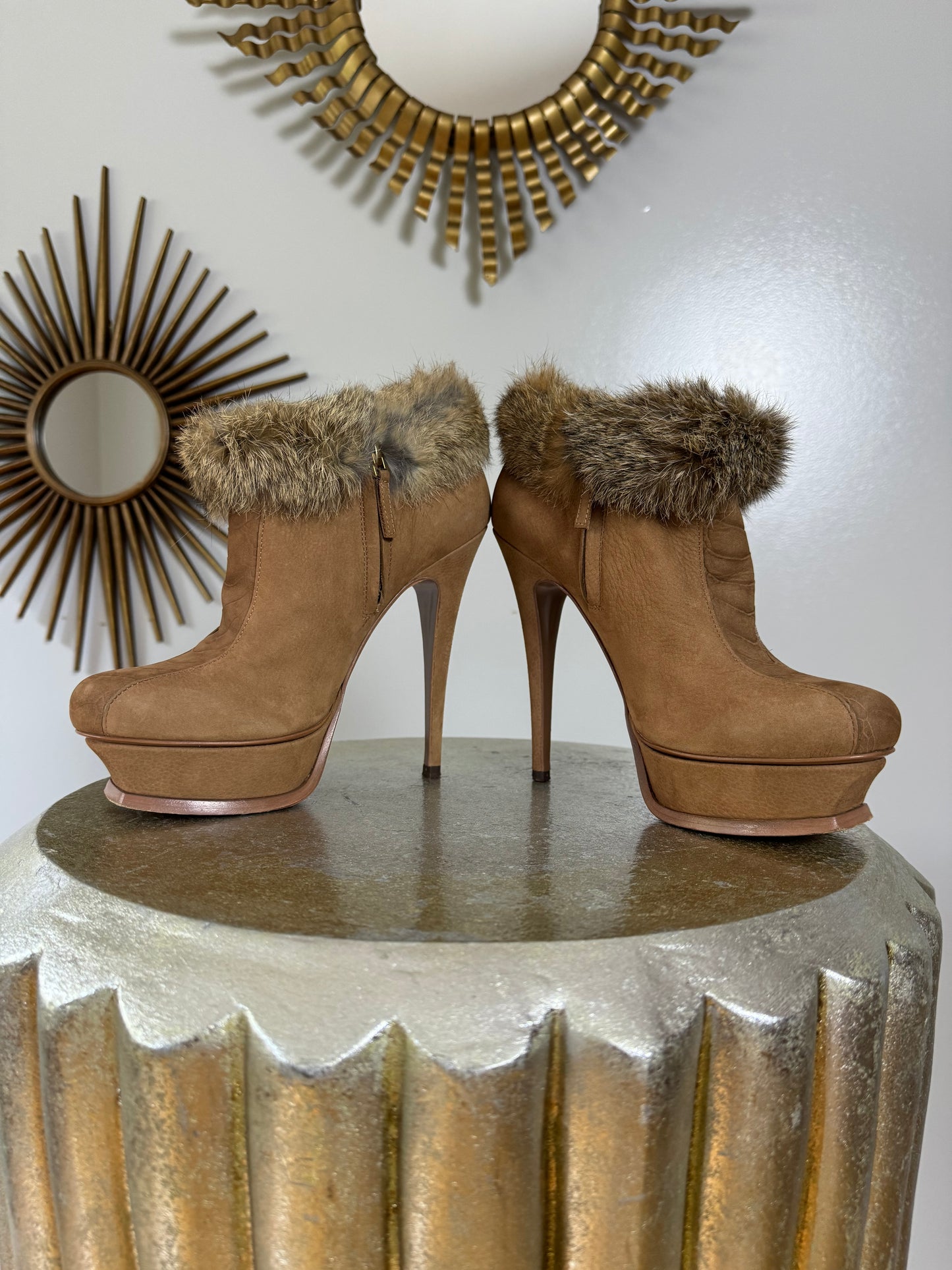 YSL - Tan Tribute Suede Booties With Fur Cuff