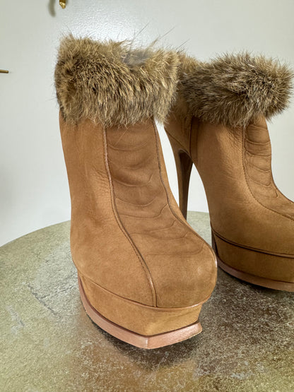 YSL - Tan Tribute Suede Booties With Fur Cuff