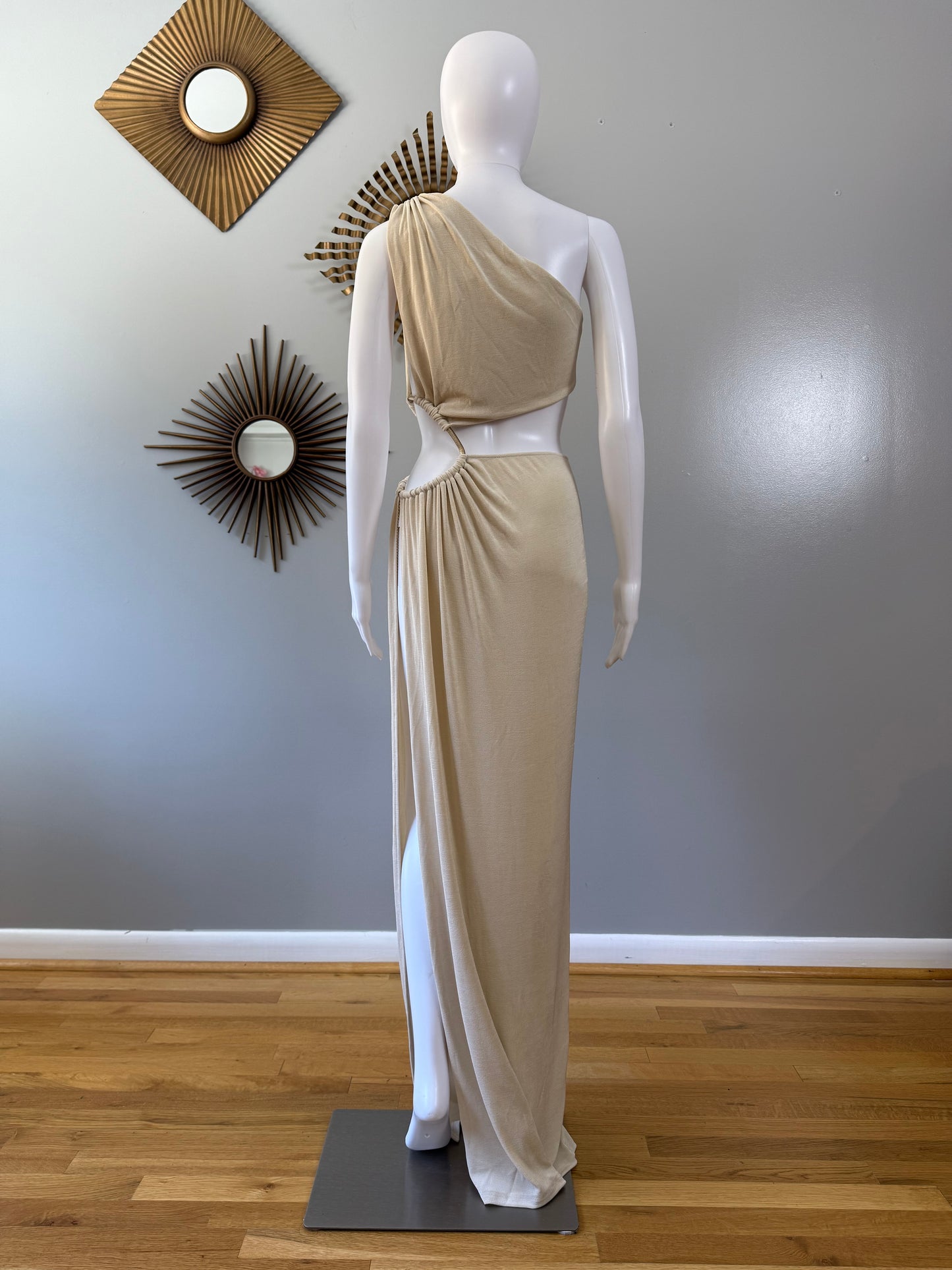 Meshki - Beige Paige Ruched Side Cut Out Maxi Dress