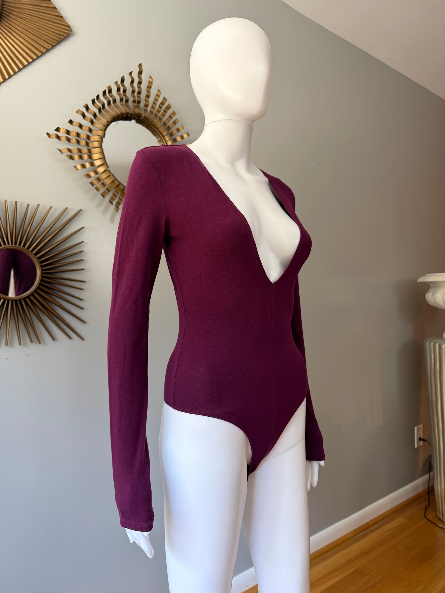 Express - Wine Deep V Neck Bodysuit