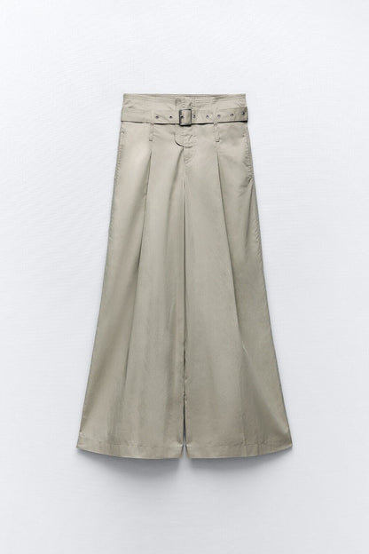 ZARA - Khaki High Waisted Wide Leg Pants With Belt