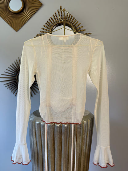 ZYA - Cream Mesh Long Ruffle Sleeve Blouse