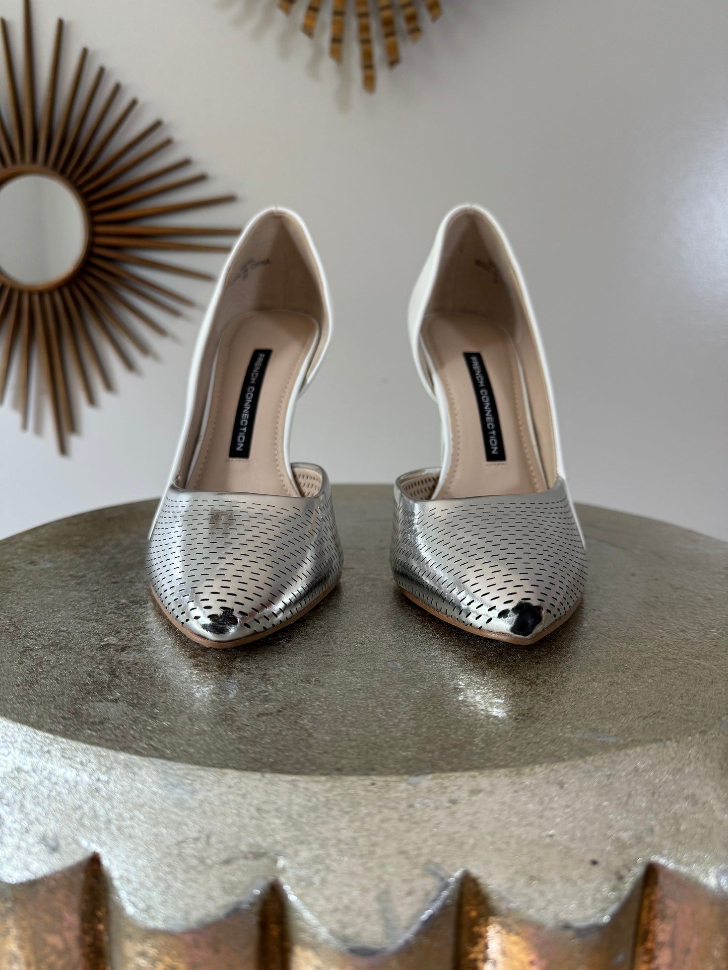 French Connection- White & Silver Mabel Perforated Pumps