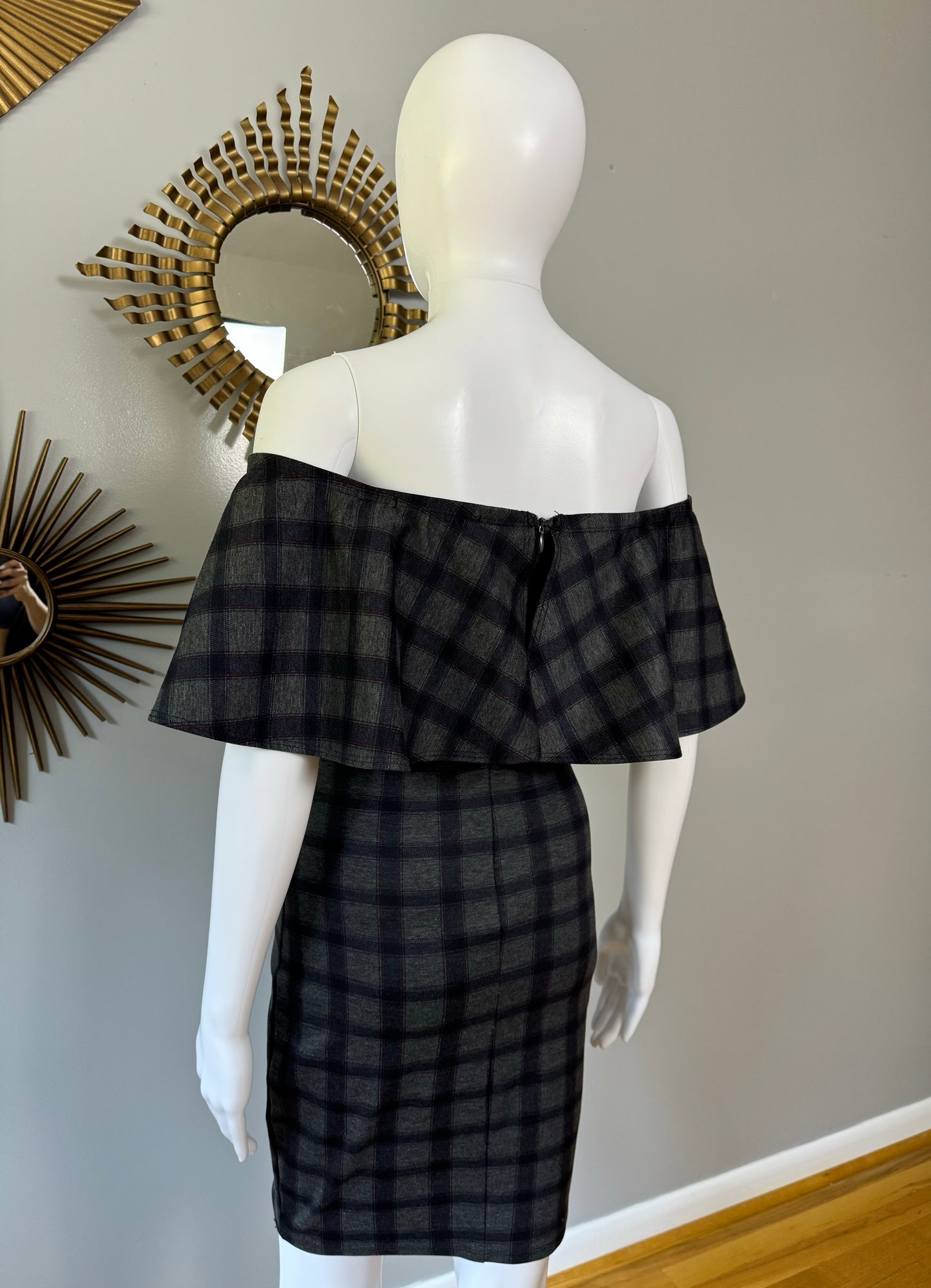 Lulu’s - Gray Plaid Off-Shoulder Dress