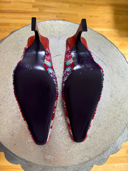 FENDI - Red Embroidered Leather Mules With Rhinestones