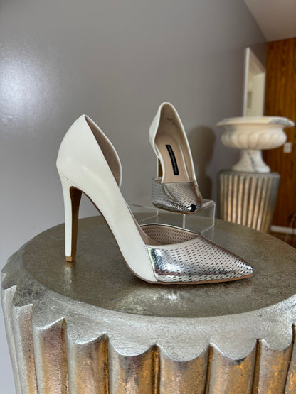 French Connection- White & Silver Mabel Perforated Pumps