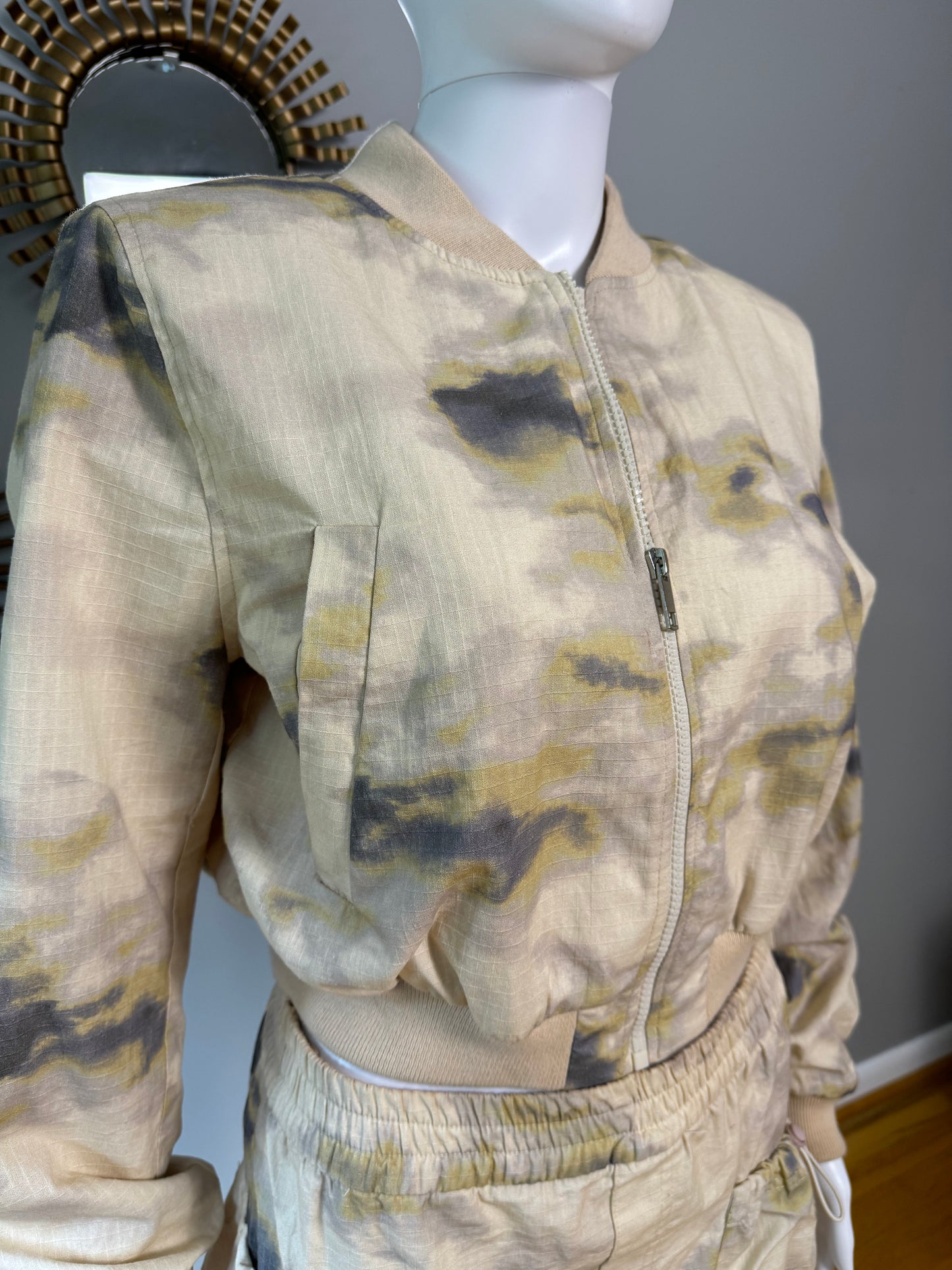 ZARA - Beige Printed Mini Cargo Skirt & Bomber Jacket Set
