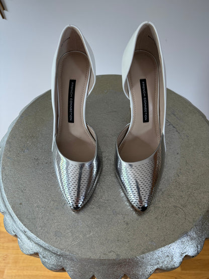 French Connection- White & Silver Mabel Perforated Pumps