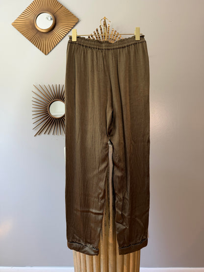 Splendid- Olive Green Satin Cuffed Pants