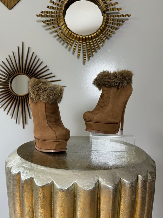 YSL - Tan Tribute Suede Booties With Fur Cuff