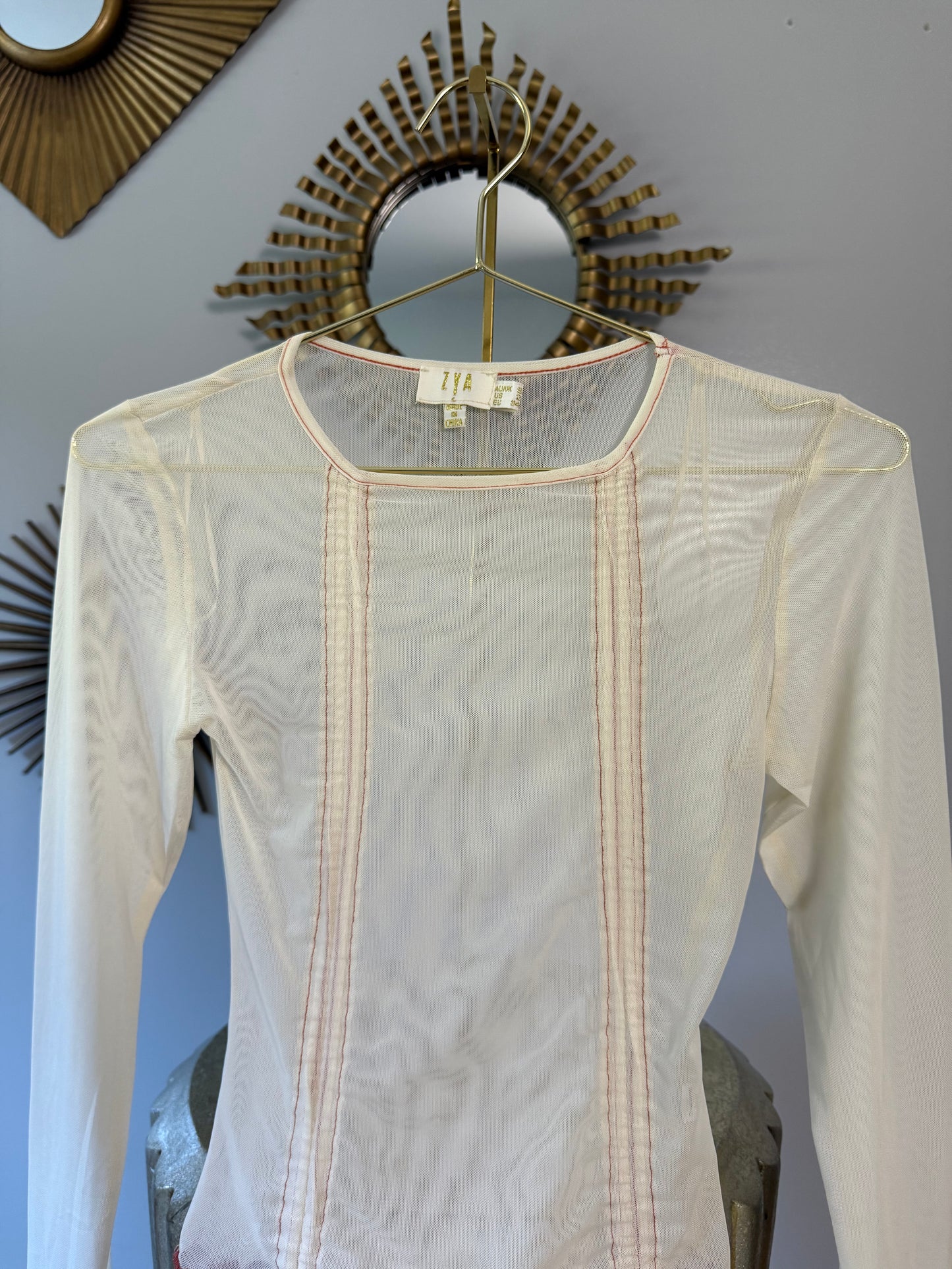 ZYA - Cream Mesh Long Ruffle Sleeve Blouse