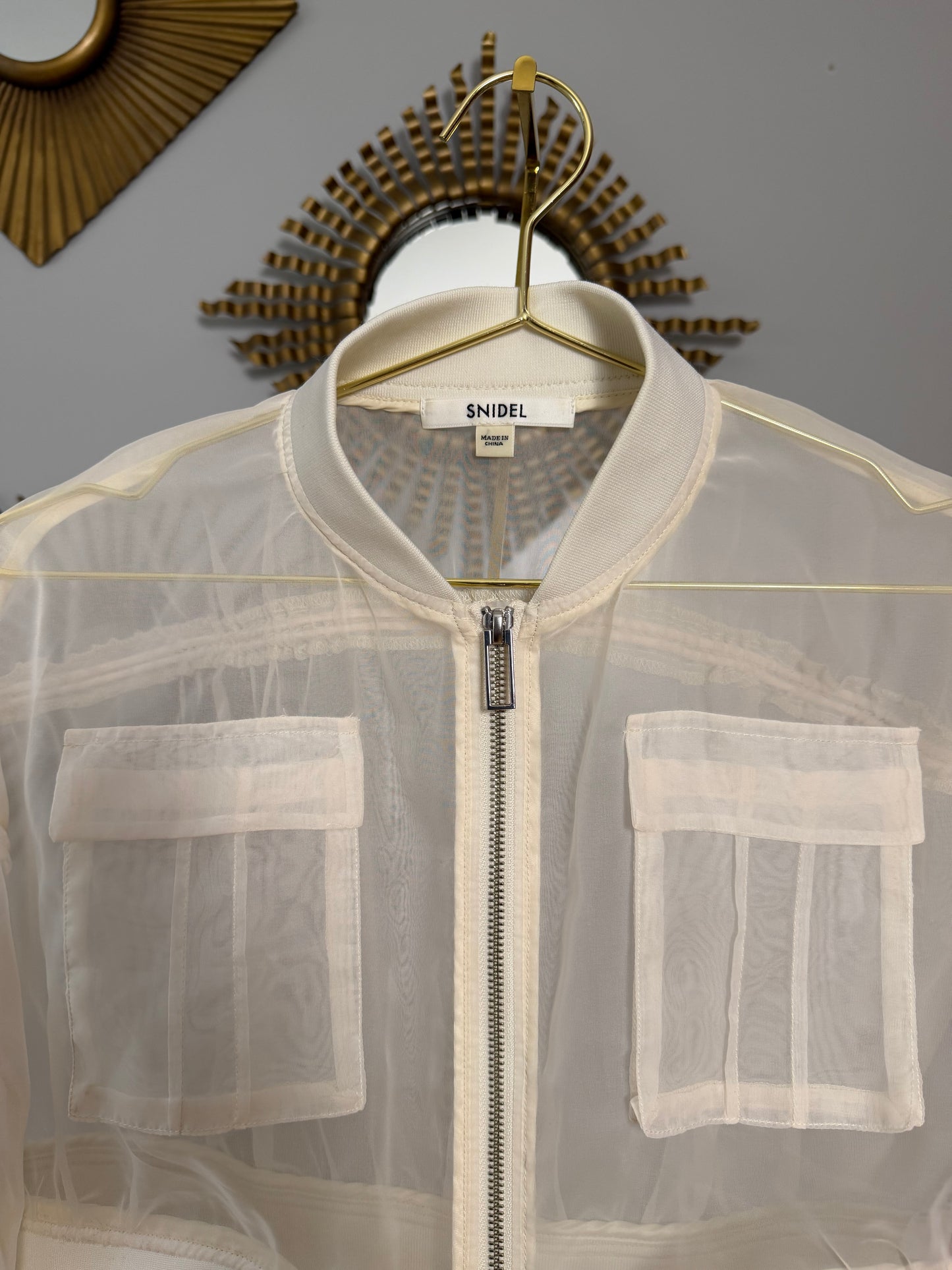 SNIDEL - Beige Sheer Cropped Bomber Jacket