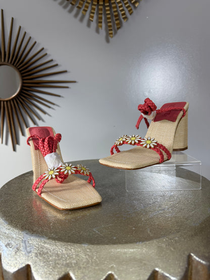 SCHUTZ - Red & Tan Floral Chunky Sandals