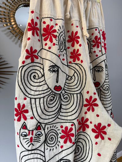 Madame Red Hand Embroidered Pants